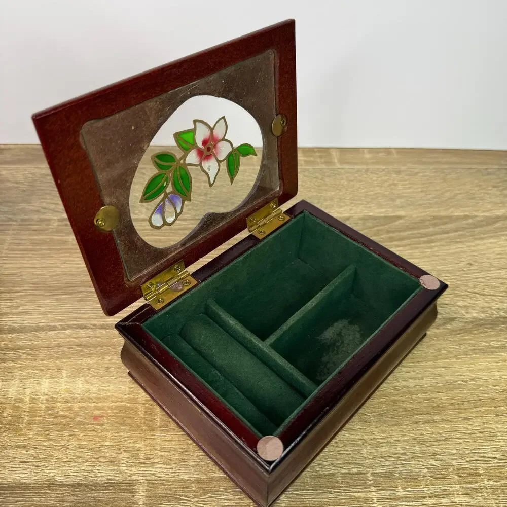 Vintage Cherry Wood Ornate Trinket Box Storage Display Floral